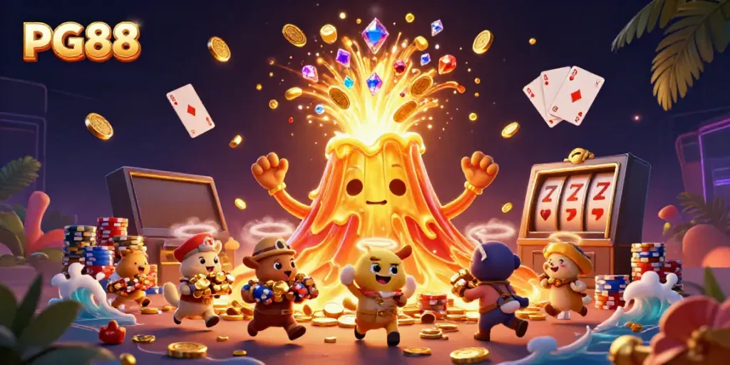 Experience excitement with PG88's triumphant volcano erupting coins, gems, and treasures.