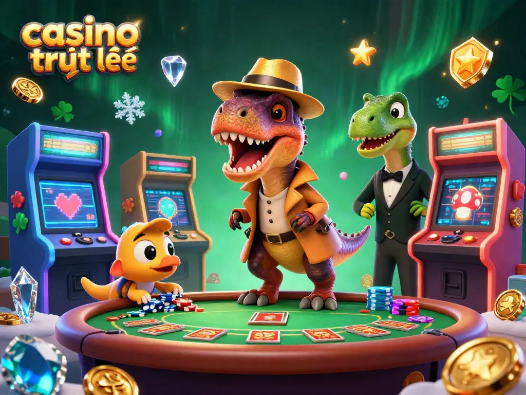 Casino trực tuyến: velociraptor giả mạo chơi blackjack dưới sự giám sát của pit boss stegosaurus.