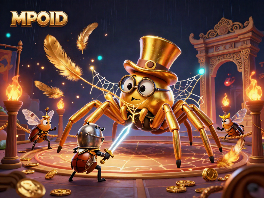 MPOID features a golden tarantula and beetle knight in an exciting casino scene filled with games.