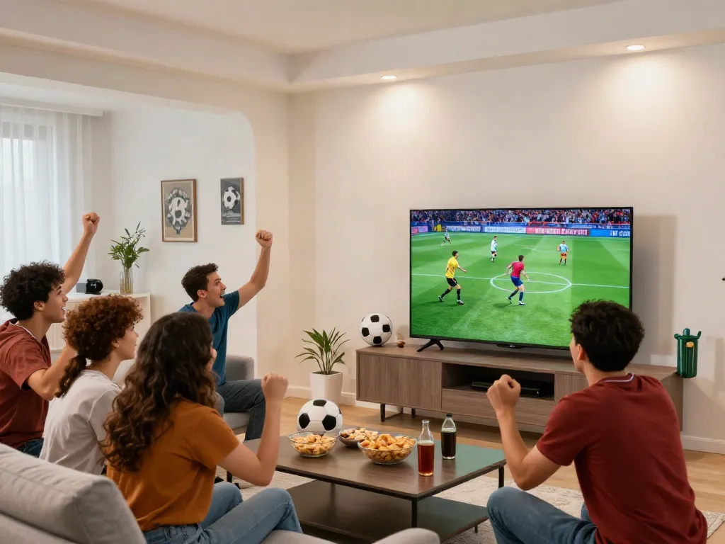 Group of friends watching football on gavangtv.study with excitement in a vibrant living room.