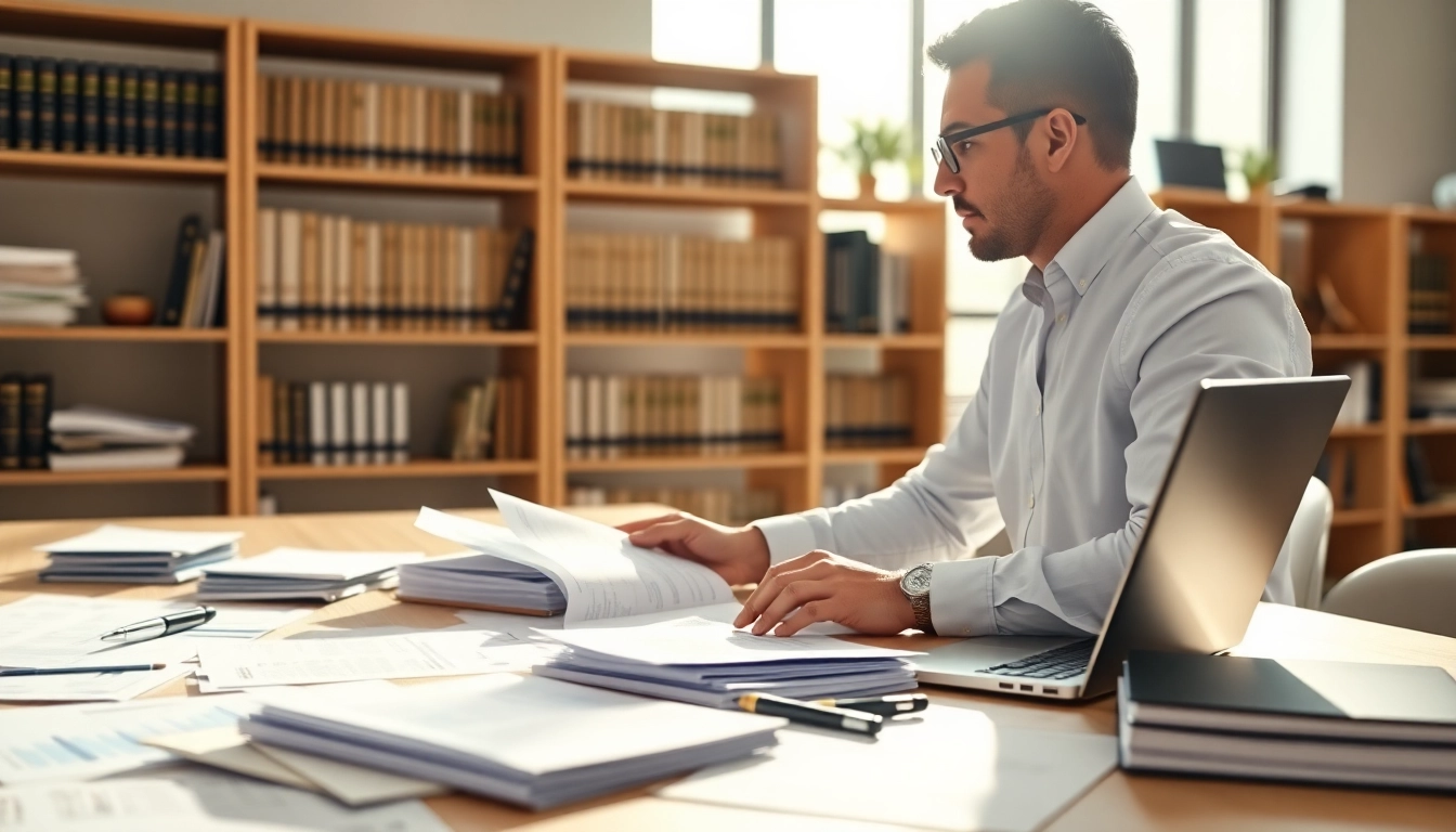 Consultant analyzing Federal and State contracts on a modern desk with documents and digital tools.