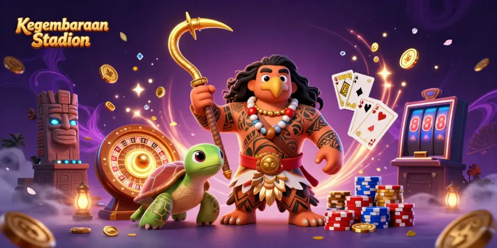 Experience the thrill of Kegembiraan Stadion with vibrant action and detailed casino elements in a dynamic scene.