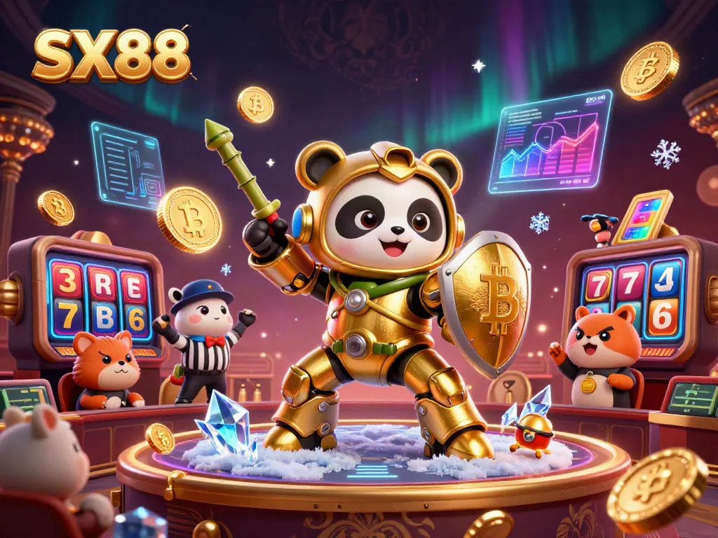 Experience SX88’s vibrant casino atmosphere with a dynamic golden panda mech and crypto elements.