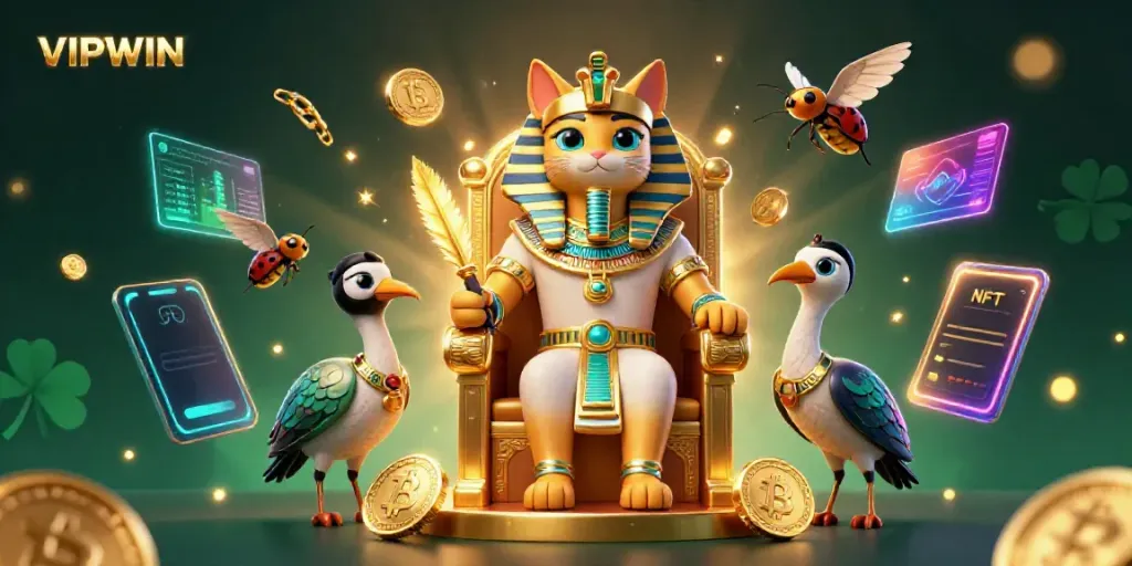Experience exciting gameplay with VIPWIN, showcasing a 3D pharaoh cat and crypto elements in a vibrant casino scene.