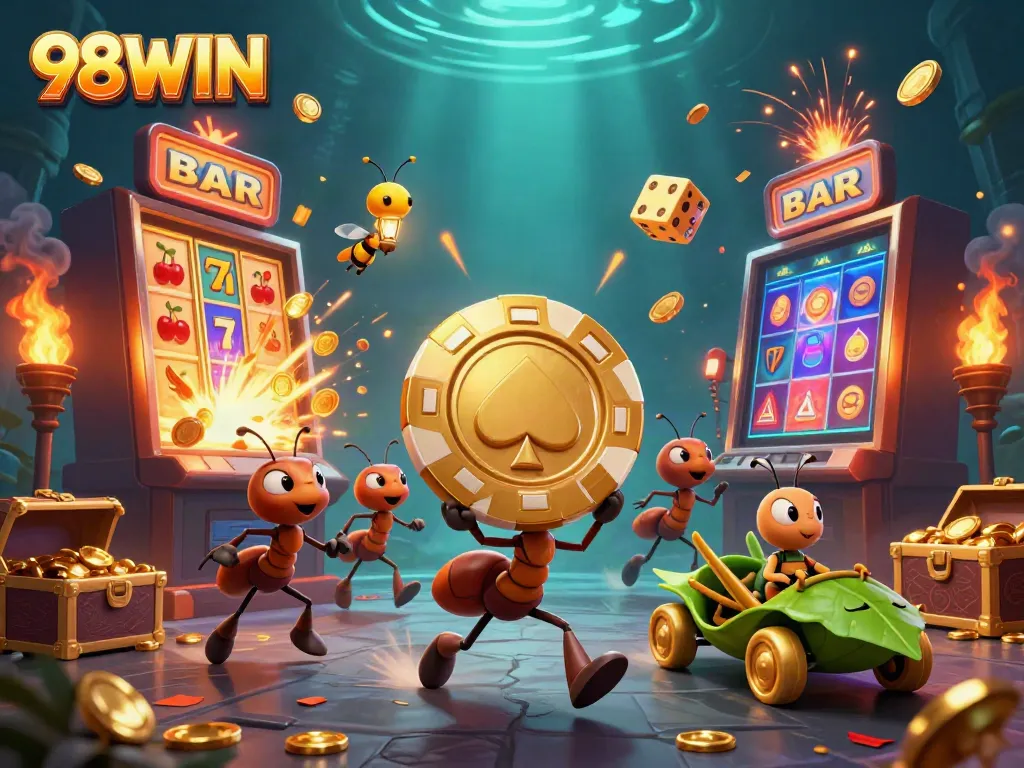 Experience thrilling gambling with 98WIN as ants carry a giant poker chip in a colorful casino scene.