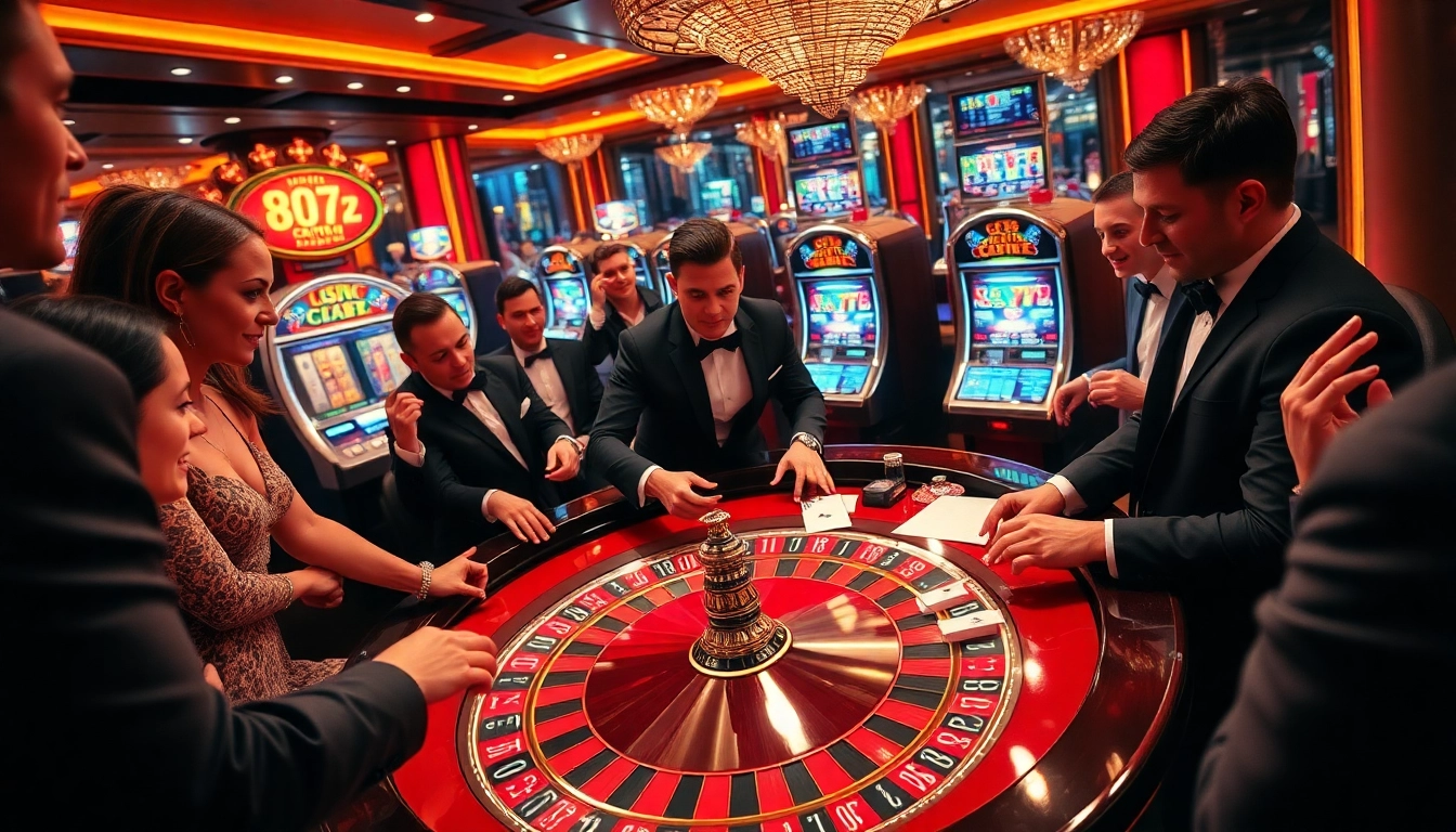 Players enthusiastically strategizing at the roulette table in an upscale casino atmosphere featuring CM88.