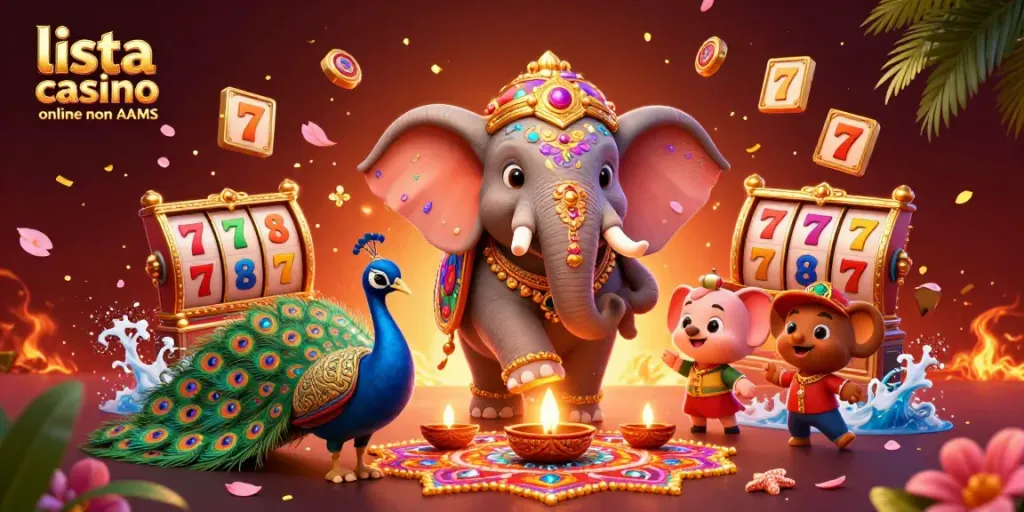 Gioca nella lista casino online non AAMS con elefante colorato e simboli delle slot.