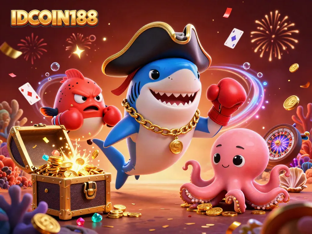 Win big with IDCOIN188, featuring a vibrant underwater fantasy scene with a pirate shark, pufferfish, and octopus.