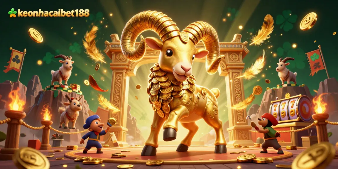 Experience the excitement of keonhacaibet188 with a dynamic casino scene featuring a golden ram and slot machines.