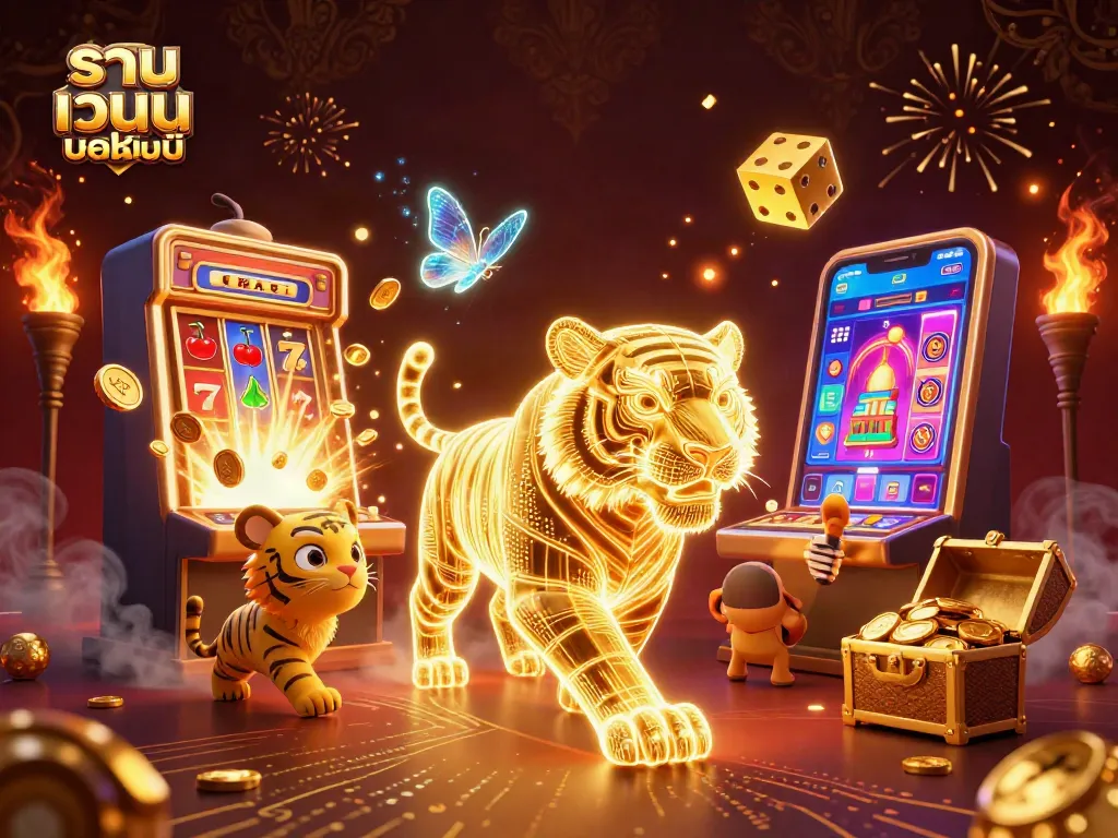 รวม เว็บ พนัน ออนไลน์ กับภาพคาสิโนที่มีเสือทองใหม่ สร้างสรรค์ในพื้นหลังที่มีแสงไฟเน้นมิติ