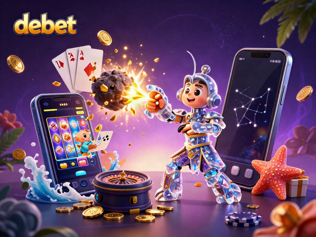 Experience thrilling casino action with debet as cartoon characters engage in vibrant slot games and cosmic adventures.