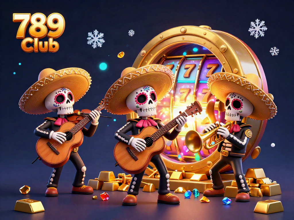 Join the excitement at 789 Club with a festive 3D mariachi band amidst golden treasures and vibrant gaming elements.