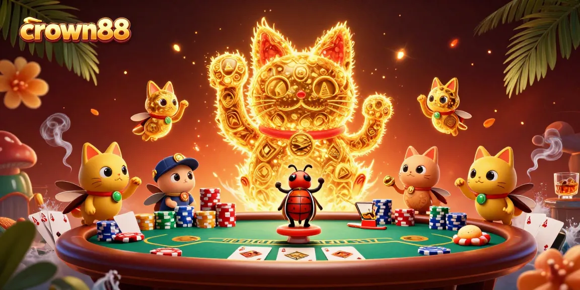 Experience thrilling gameplay with crown88's vibrant casino illustration featuring a lucky cat and poker action.