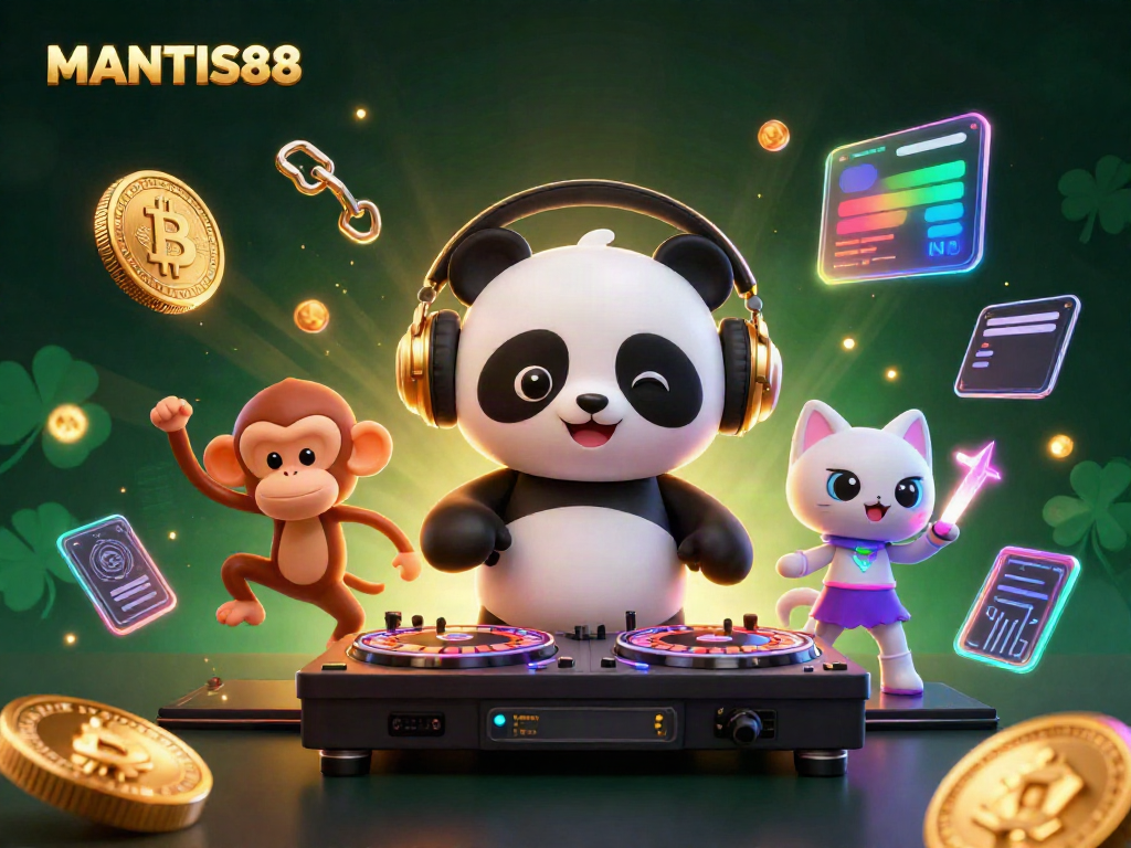 Experience MANTIS88 with a vibrant 3D illustration of a DJ panda, dancing monkey, and rave kitten surrounded by crypto coins.