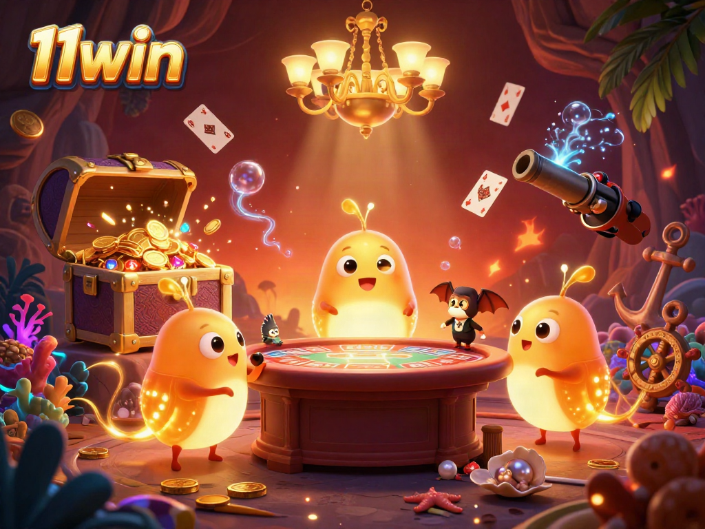 Experience thrilling gameplay at 11win with vibrant cartoon casino lighting featuring unique characters and rich details.
