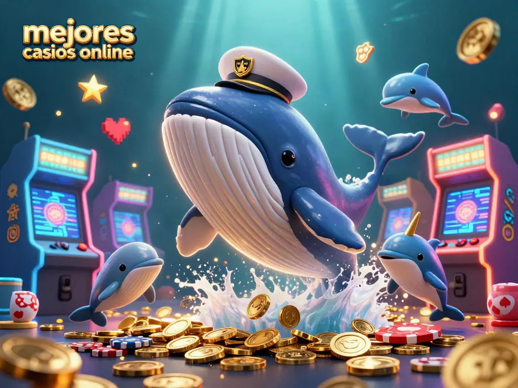 Disfruta de mejores casinos online con ilustración de una ballena, delfines y monedas brillantes.