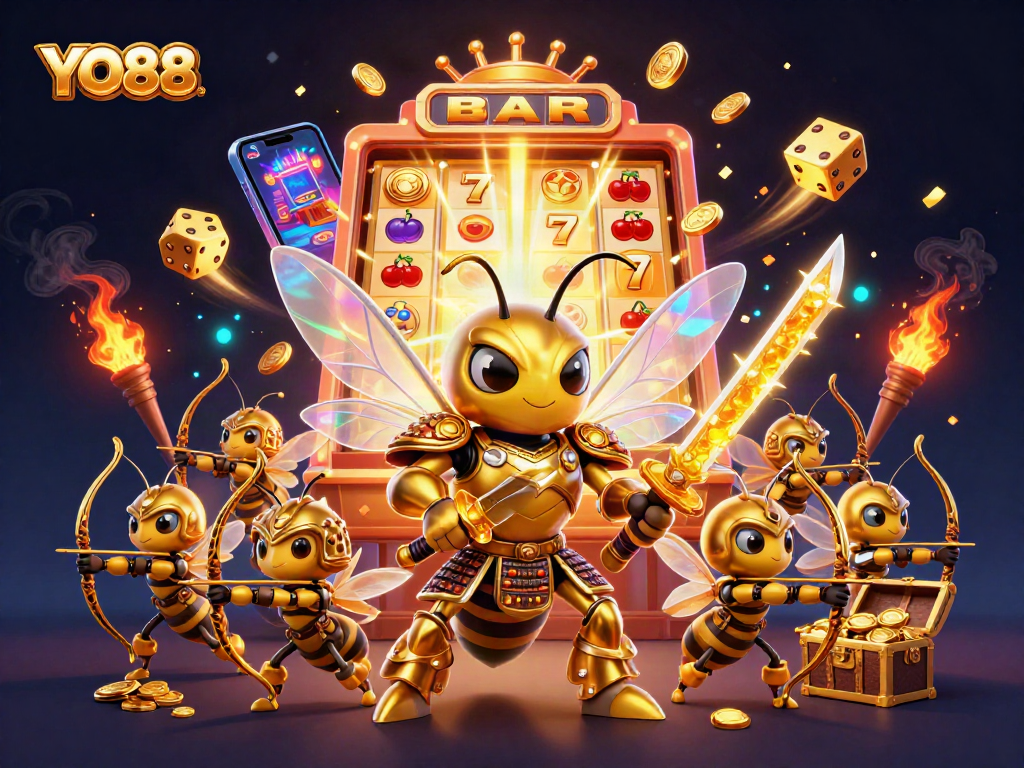 Join the excitement on YO88, featuring a golden hornet and thrilling casino elements in a vibrant 3D scene.