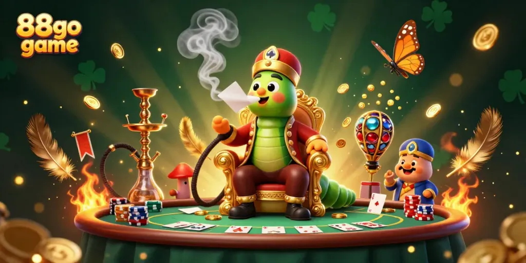 Engage with the 88go game in a vibrant scene featuring an enormous caterpillar masters the hookah in a dazzling casino.