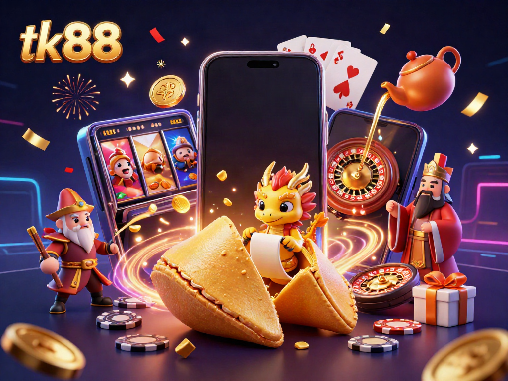 Engage with the vibrant tk 88 slot experience featuring a golden fortune cookie and animated casino elements.