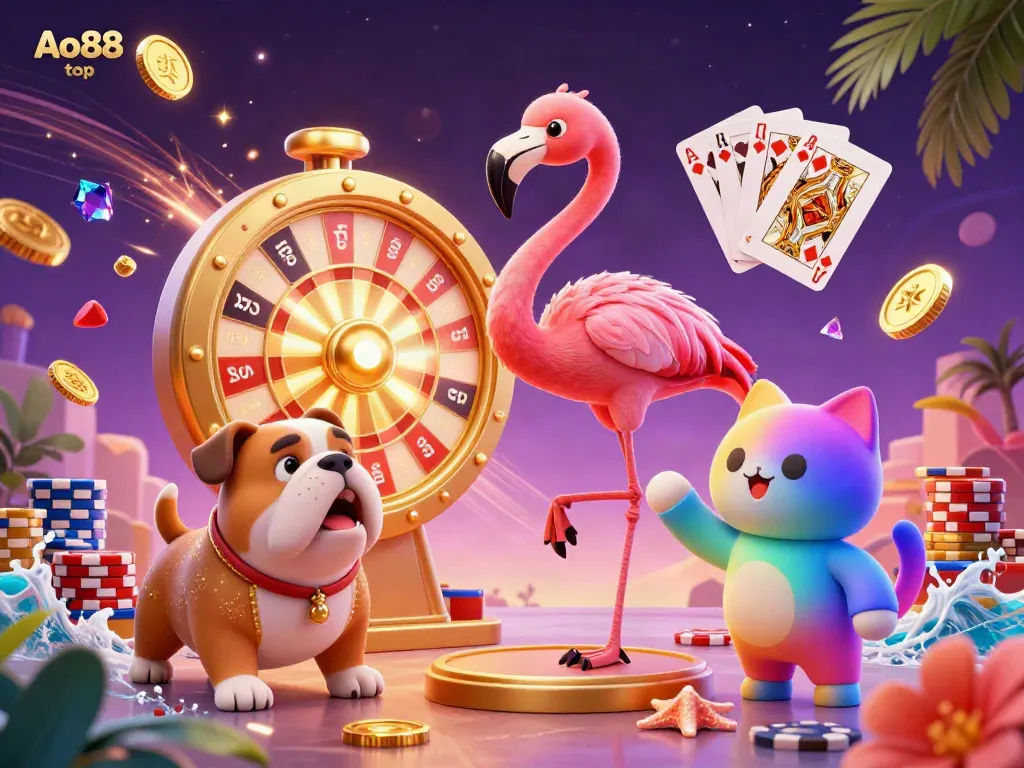 Experience the thrill of winning at Ao88 top with a vibrant scene of cartoon characters celebrating casino games.