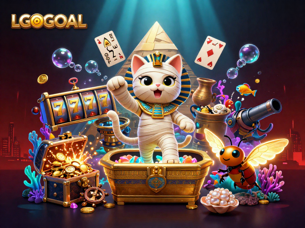 Experience immersive gameplay at LGOGOAL's pyramid casino with vibrant illustrations of a mummy cat and rewards.