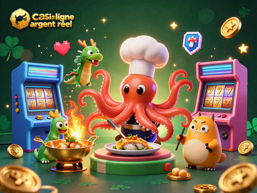 Jouez aux machines à sous dans un casino en ligne argent réel avec un chef sushi octopus et un dragon.