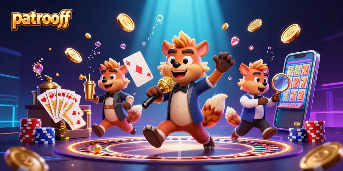 Engage with patroloff's vibrant 3D casino scene featuring hyenas in a comedy club under dynamic lights.