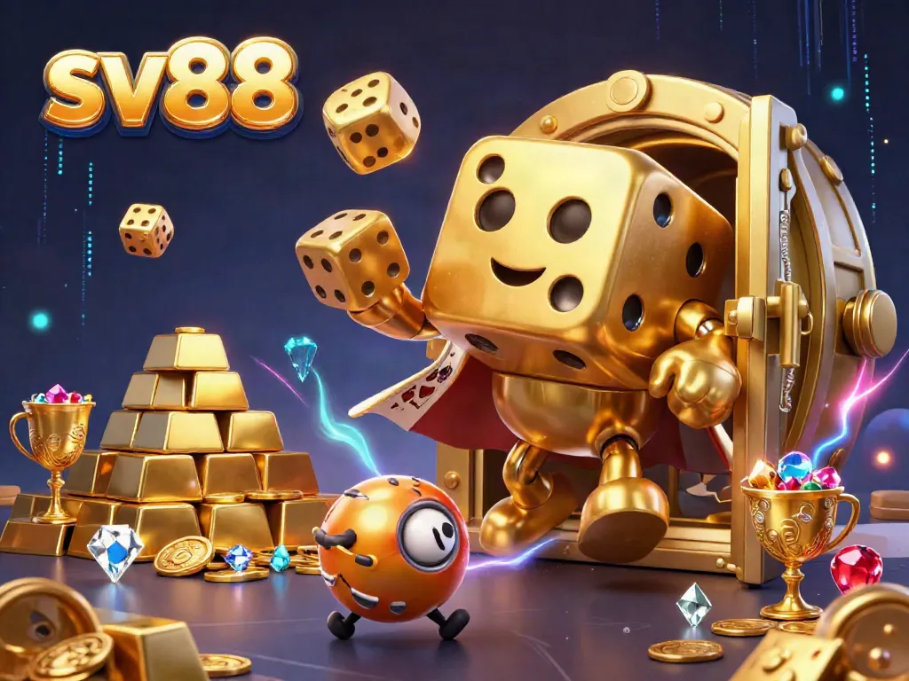 Spin and win with sv88 in a vibrant 3D casino illustration featuring dice and dazzling treasures.