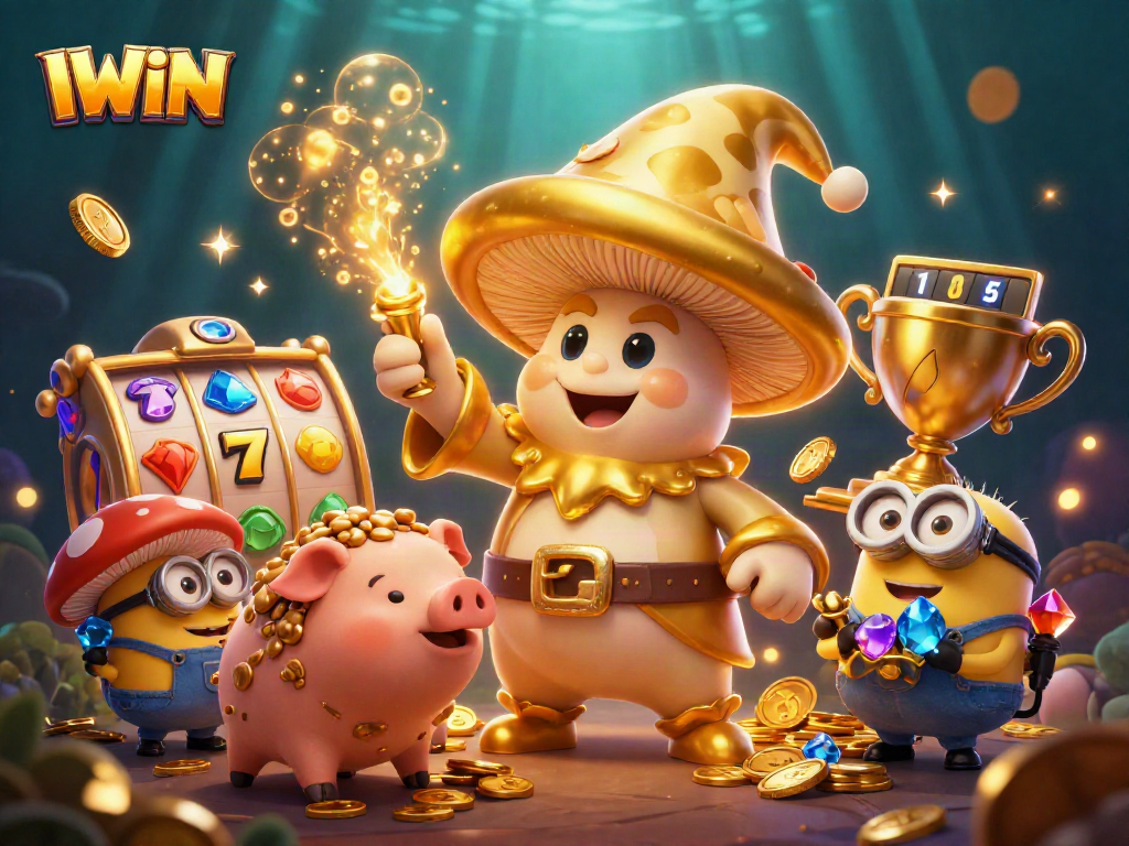 IWIN victory scene featuring golden mushroom wizard and vibrant slot elements, revealing winning strategies.