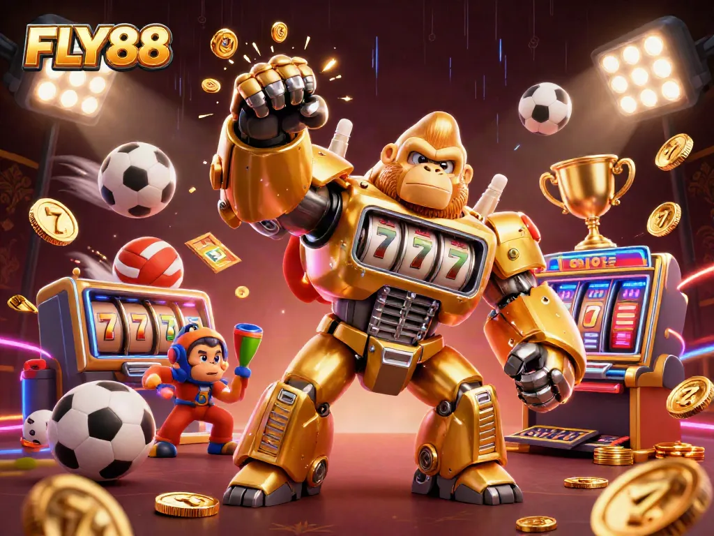 FLY88 transforms with epic casino action featuring a dynamic gold gorilla mech amidst sports elements.