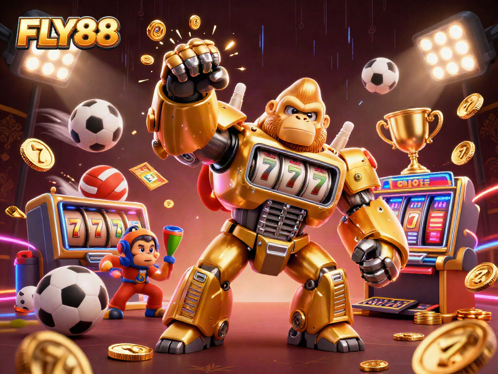 FLY88 transforms with epic casino action featuring a dynamic gold gorilla mech amidst sports elements.
