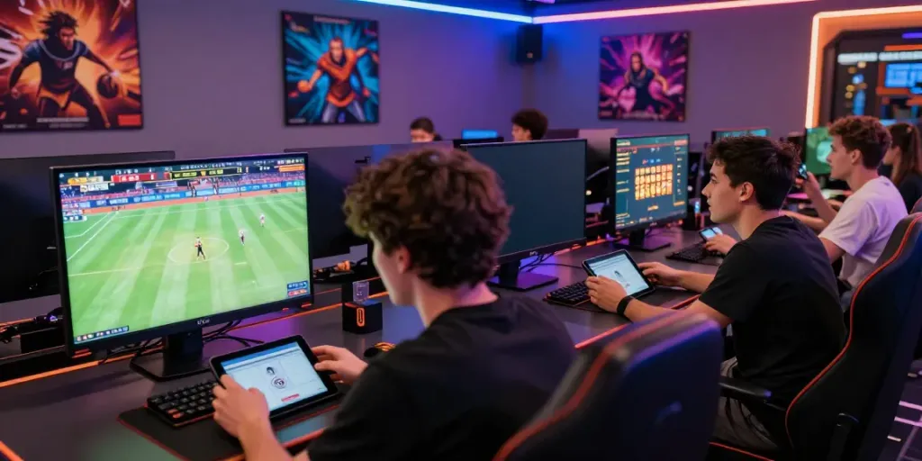 Exciting ku88 gaming lounge scene with players engaging in sports betting and gaming activities.