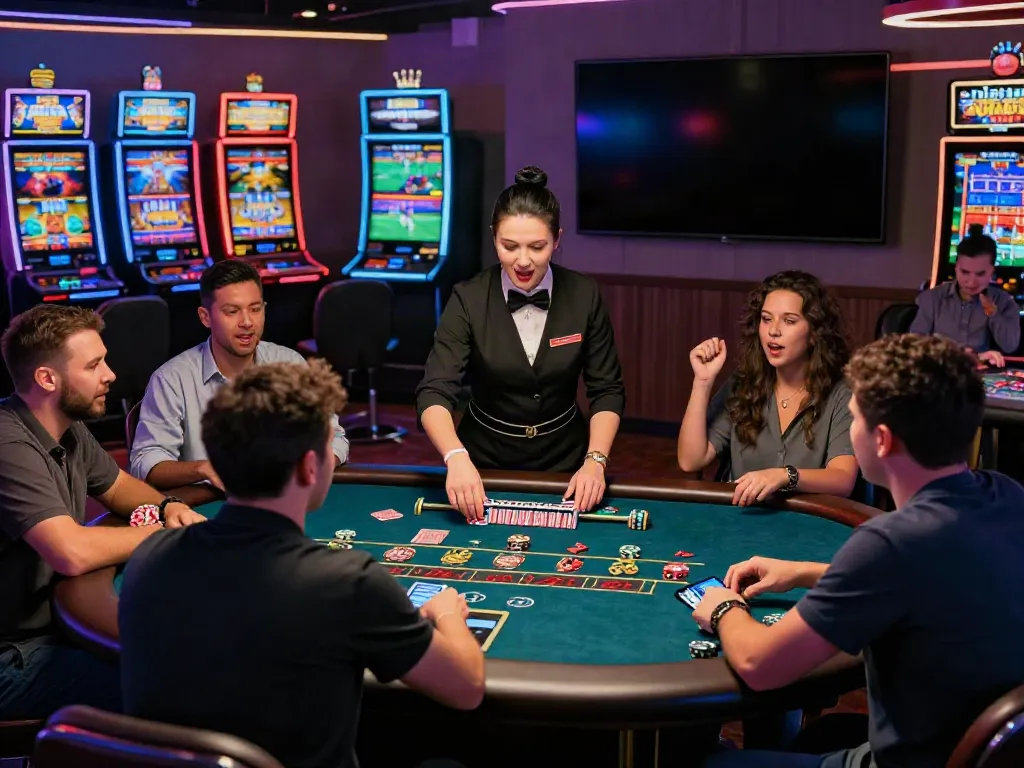 The lively DA88 online casino scene featuring players enjoying baccarat and slot games.