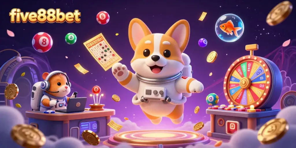Join the fun at five88bet with a vibrant space casino scene featuring a corgi astronaut!