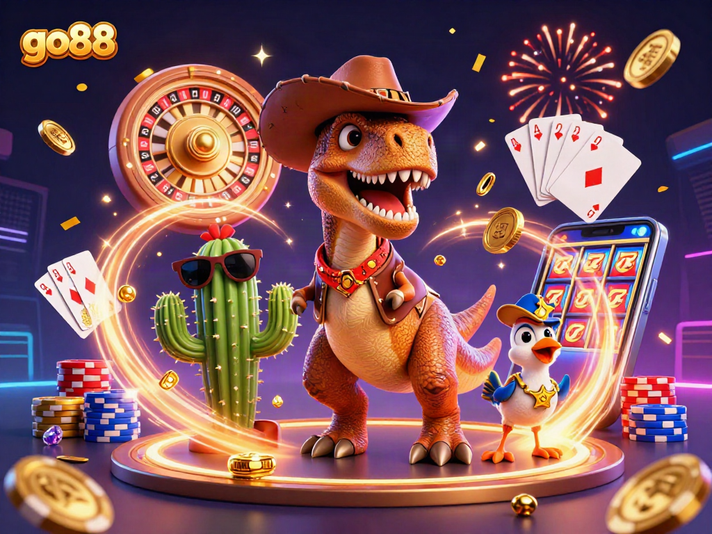 Experience go88 gaming with a vibrant illustration of a cowboy dinosaur, poker chips, and excitement!