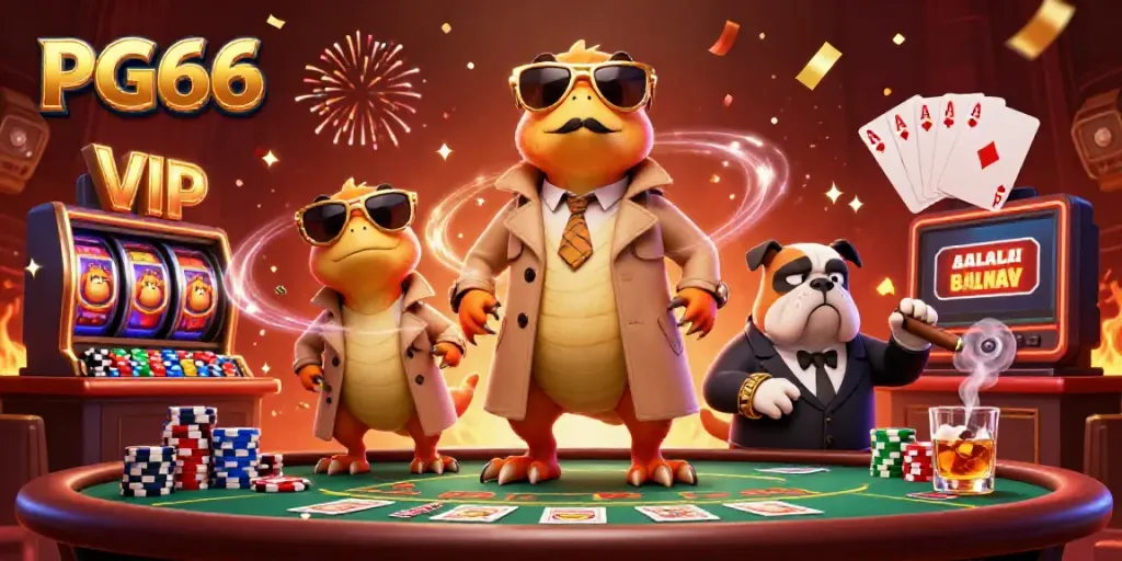 Experience PG66's vibrant casino world with raptors humorously sneaking into a VIP lounge.