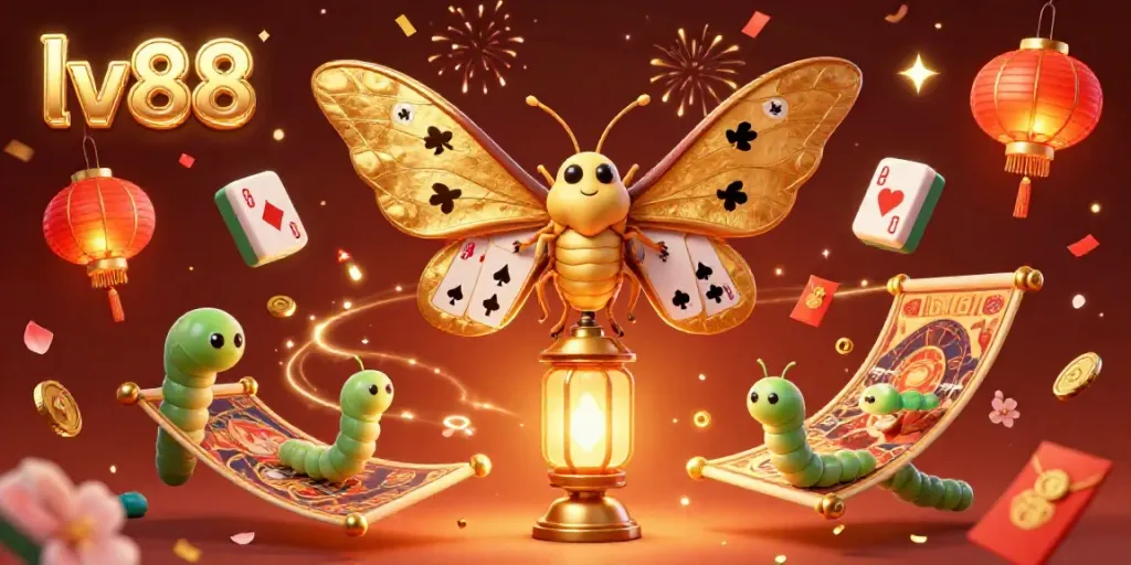 Experience winning moments at lv88 with vibrant 3D illustrations, featuring golden moths and dynamic casino elements.