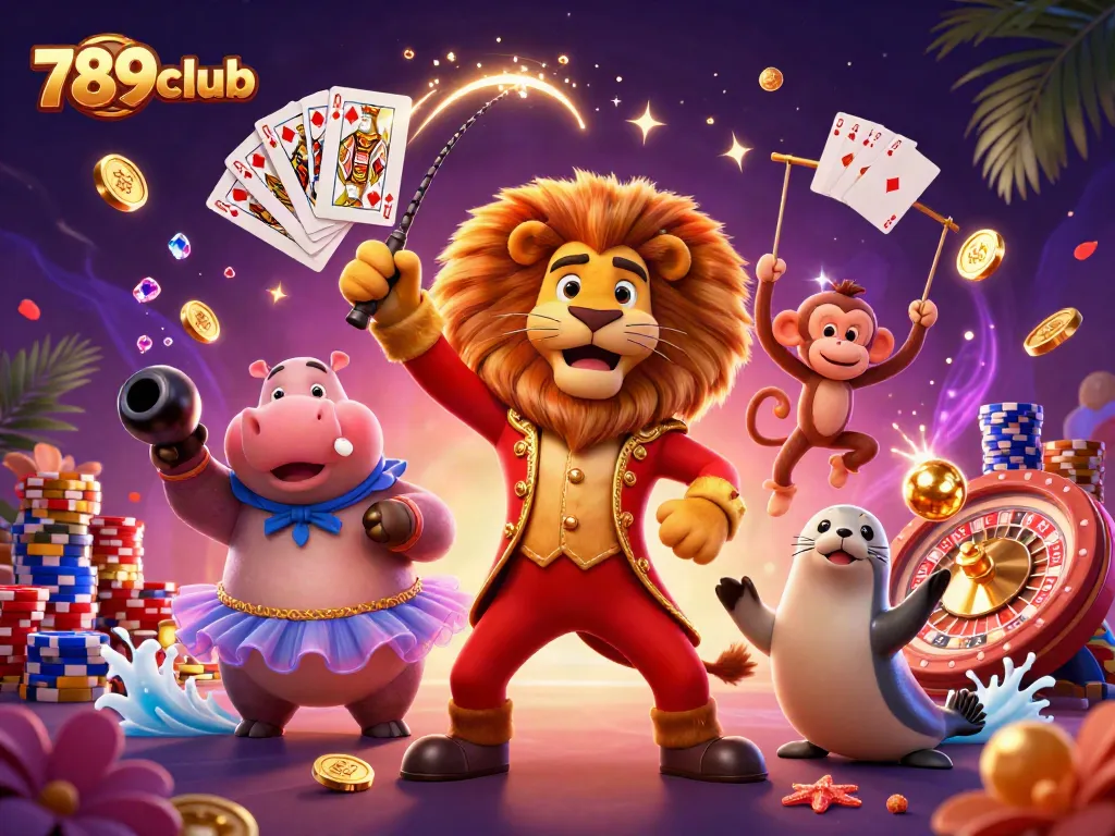 Spin the reels with 789clubb's festive characters in a vibrant casino scene filled with excitement.