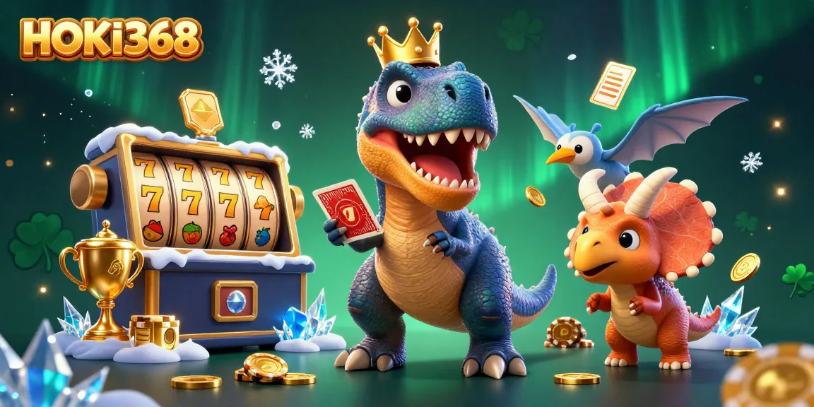 Engage in exciting gameplay at HOKI368 with a vibrant illustration featuring casino elements and animated characters.