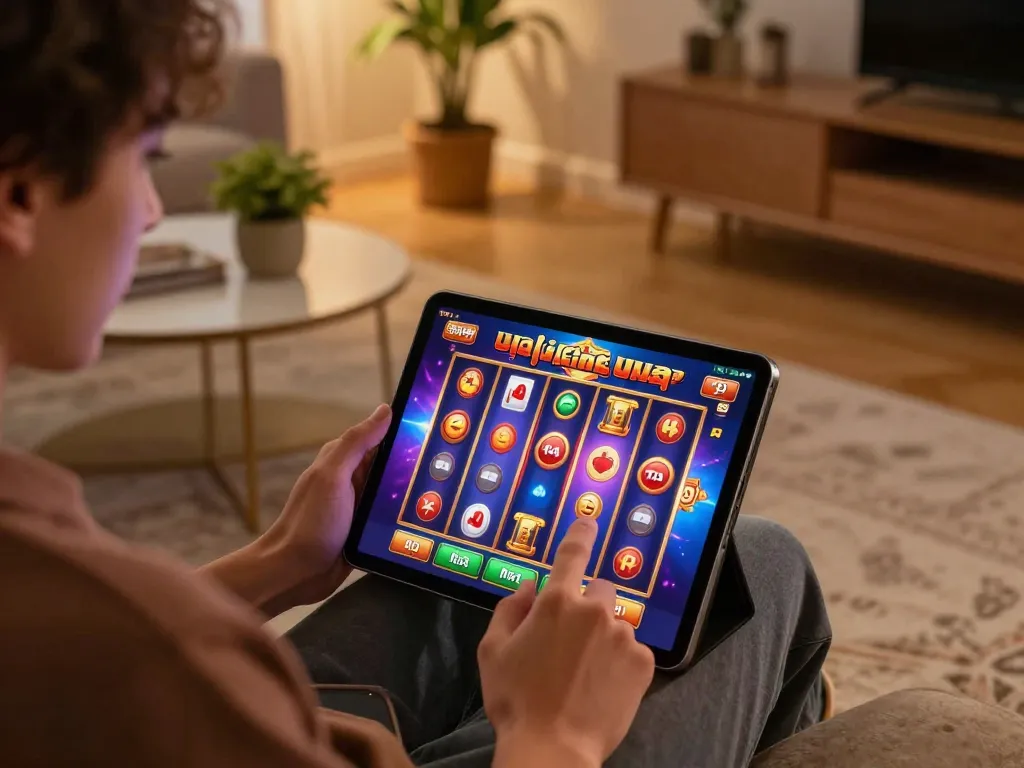 Experience thrilling gtatoto gameplay with a player immersed in exciting online slot gaming on their tablet at home.