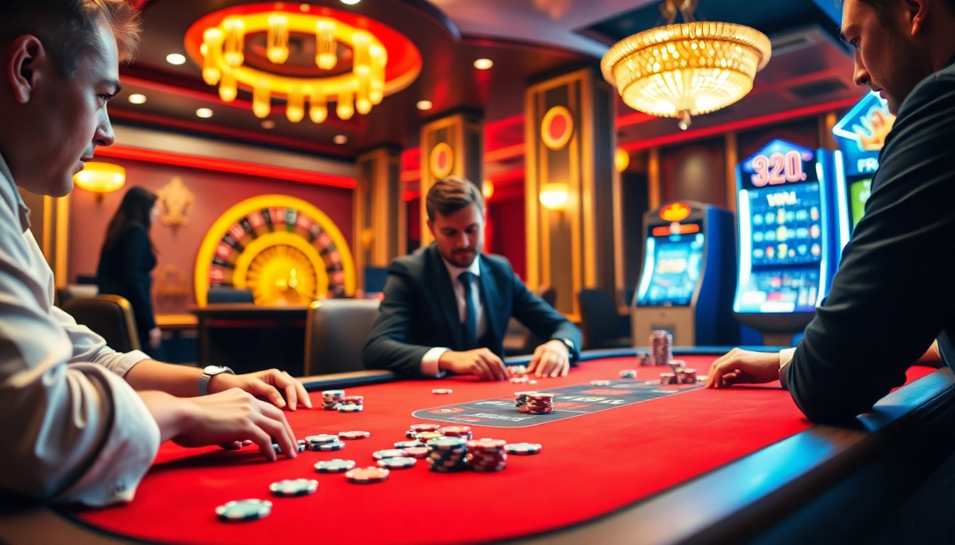 Players engaged in a thrilling poker game at 32WIN casino, showcasing excitement and strategy.