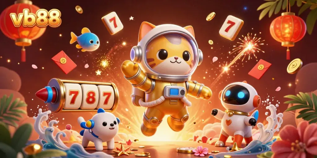 vb88 slots and jackpots come alive with a golden space astronaut cat and a robot dog in vibrant 3D