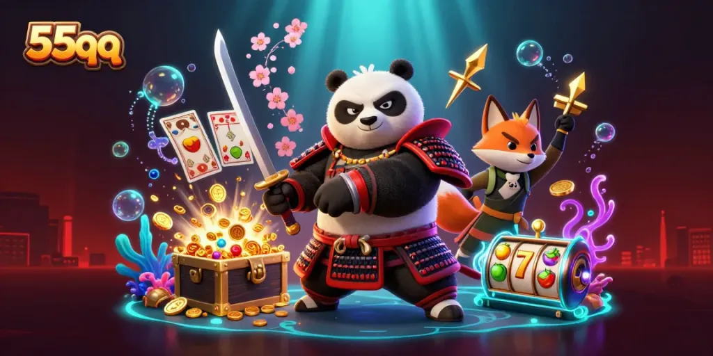 Experience thrilling gameplay with 55qq's immersive 3D slot scene featuring samurai panda and vibrant casino elements.