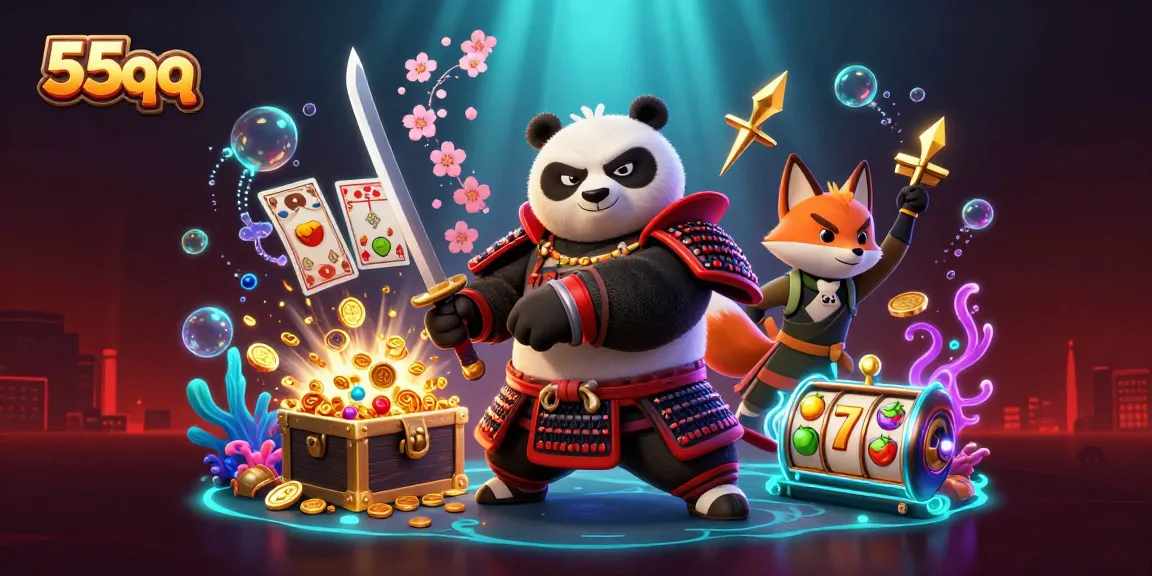 Experience thrilling gameplay with 55qq's immersive 3D slot scene featuring samurai panda and vibrant casino elements.