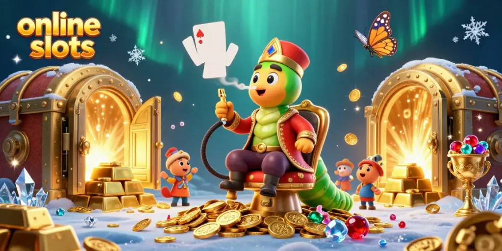 Experience the excitement of online slots with a whimsical caterpillar master and casino treasures.