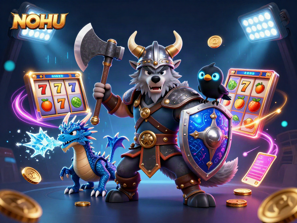 Engage with NOHU's dynamic gaming experience featuring Viking warrior and dragon in action.