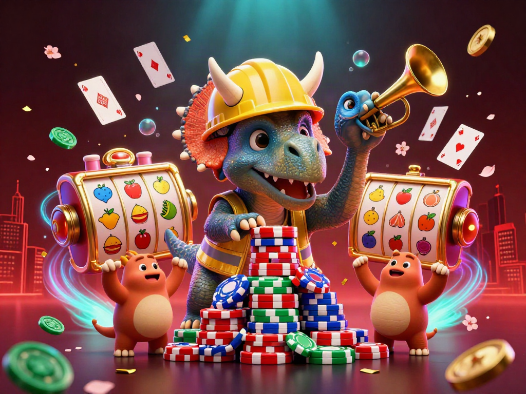 Celebrate with gtwin's lively 3D casino scene featuring a triceratops and vibrant slot games.