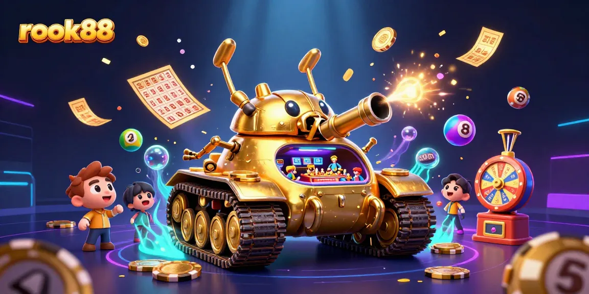 Engage with rokok88's vibrant casino illustration featuring a golden beetle tank and dynamic lottery elements.