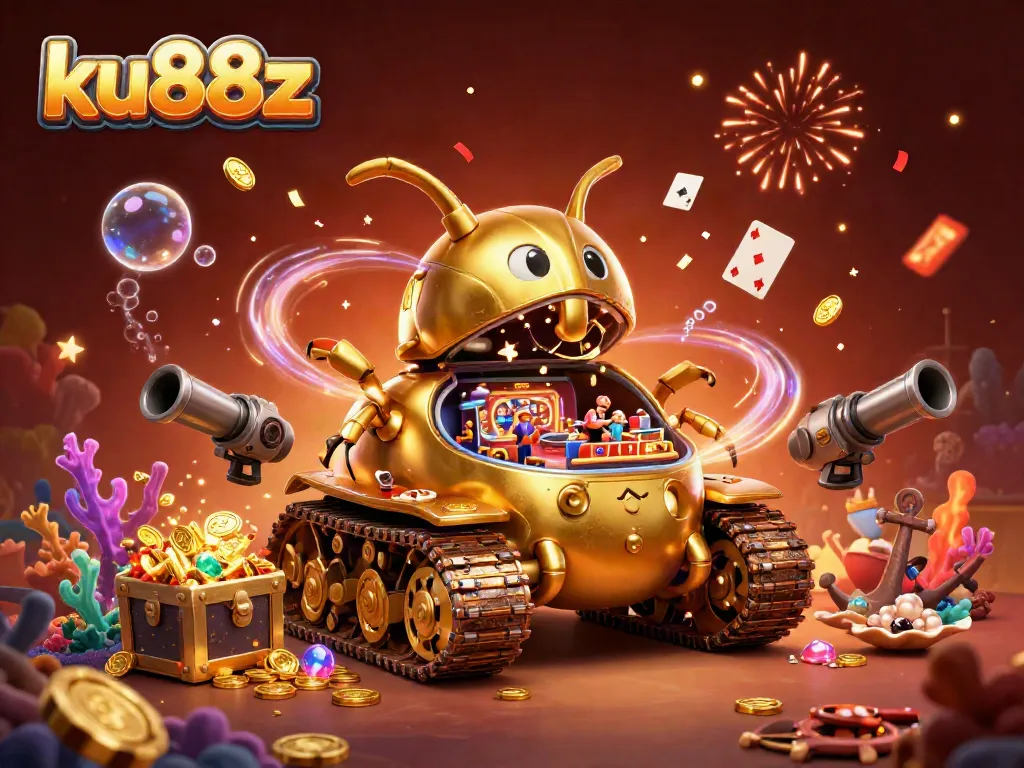 Experience the energetic action of ku88z with a vibrant illustration showcasing a dynamic miniature casino within a golden beetle tank.