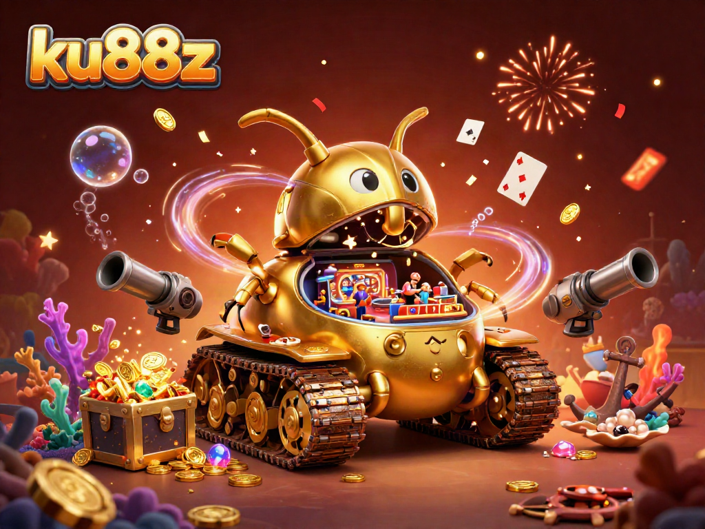 Experience the energetic action of ku88z with a vibrant illustration showcasing a dynamic miniature casino within a golden beetle tank.